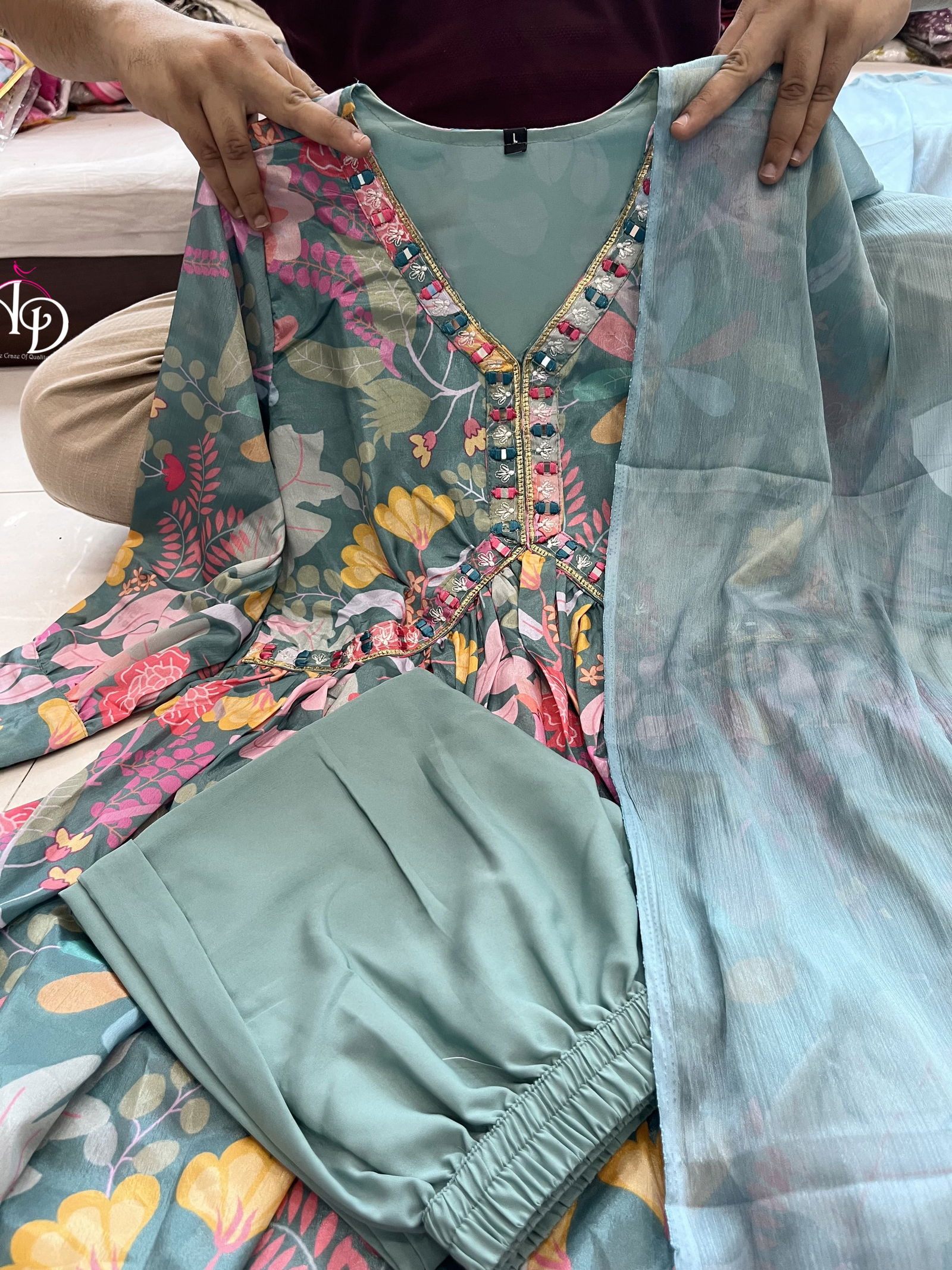 Mehera Green Floral Alia Cut Kurti With Bottom Catalog